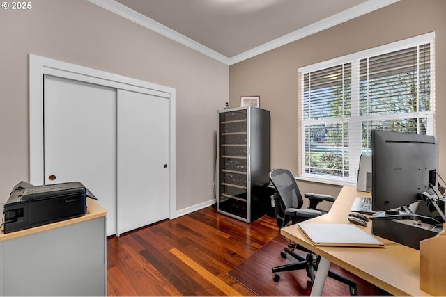 home office with beverage cooler, ornamental molding, dark wood finished floors, and baseboards