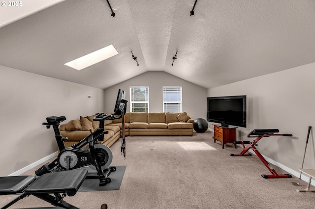 workout area featuring a textured ceiling, vaulted ceiling with skylight, carpet floors, and baseboards