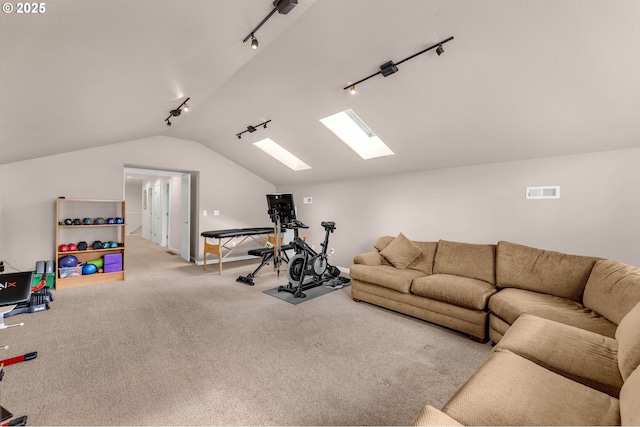 workout area featuring lofted ceiling with skylight, carpet, visible vents, and track lighting