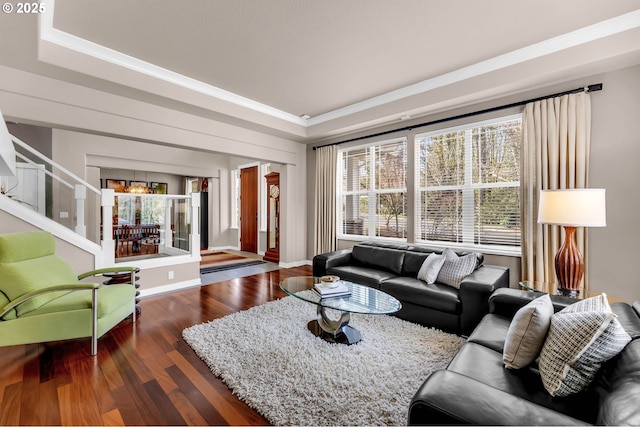 living area with baseboards, a raised ceiling, and dark wood-style flooring