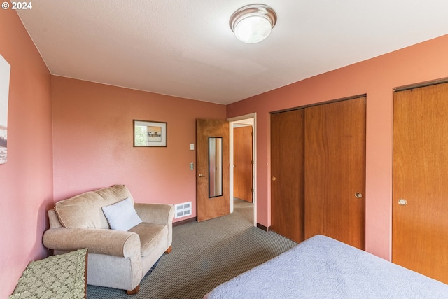 bedroom with dark carpet and two closets