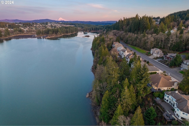 aerial view at dusk with a water view