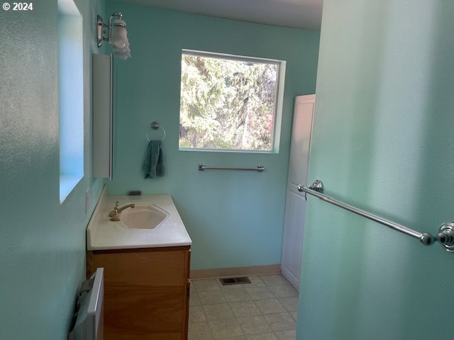 bathroom with radiator and vanity