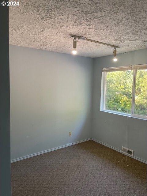 carpeted spare room featuring a textured ceiling and track lighting