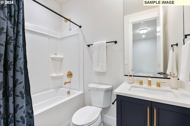 full bathroom featuring shower / bathtub combination with curtain, vanity, and toilet