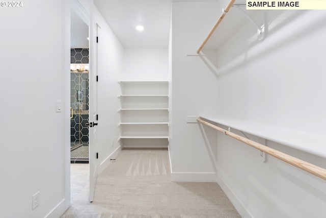 walk in closet with light carpet