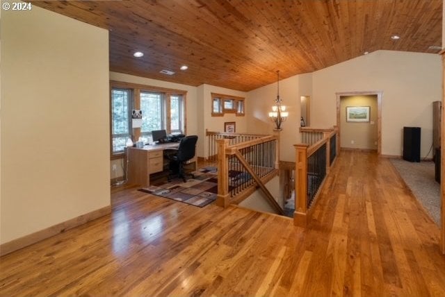 office area with hardwood / wood-style flooring, a chandelier, vaulted ceiling, and wooden ceiling