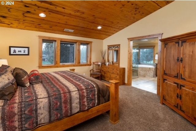 carpeted bedroom featuring wood ceiling and vaulted ceiling