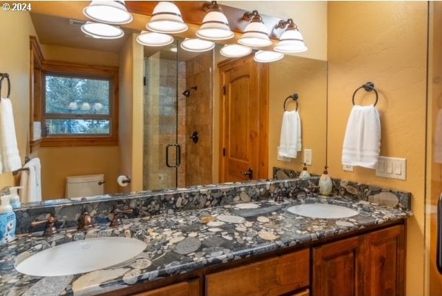 bathroom with an enclosed shower, vanity, and toilet