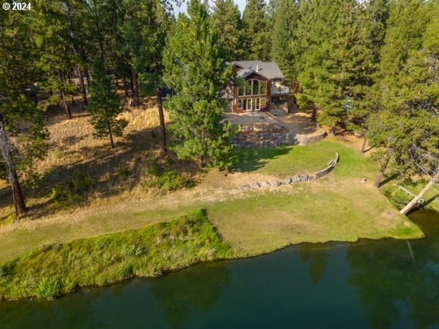 drone / aerial view featuring a water view