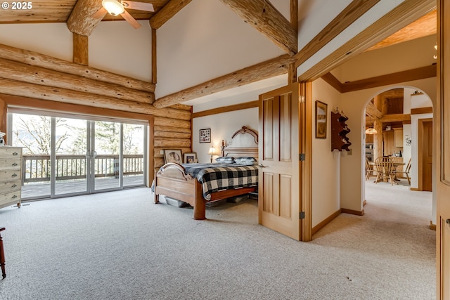 bedroom featuring high vaulted ceiling, beam ceiling, access to outside, and light colored carpet