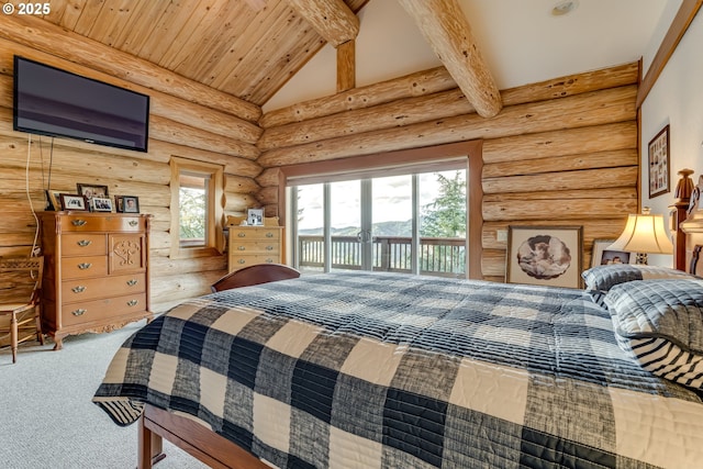 bedroom with high vaulted ceiling, carpet floors, access to exterior, wooden ceiling, and beam ceiling