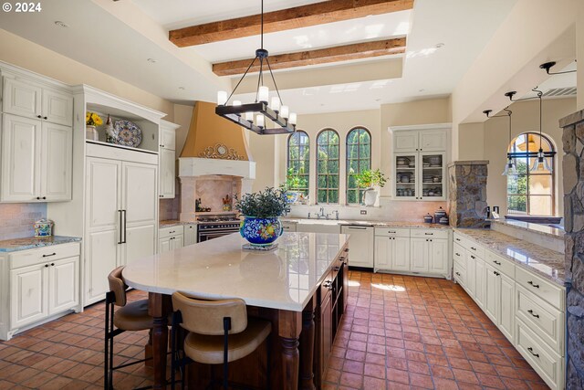 4974 W 44th Ave, Eugene, OR 97405 - kitchen featuring open shelves, premium range hood, backsplash, and beamed ceiling