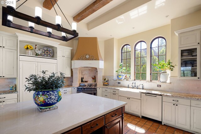 4974 W 44th Ave, Eugene, OR 97405 - kitchen featuring custom exhaust hood, a sink, high end stainless steel range, dishwasher, and open shelves
