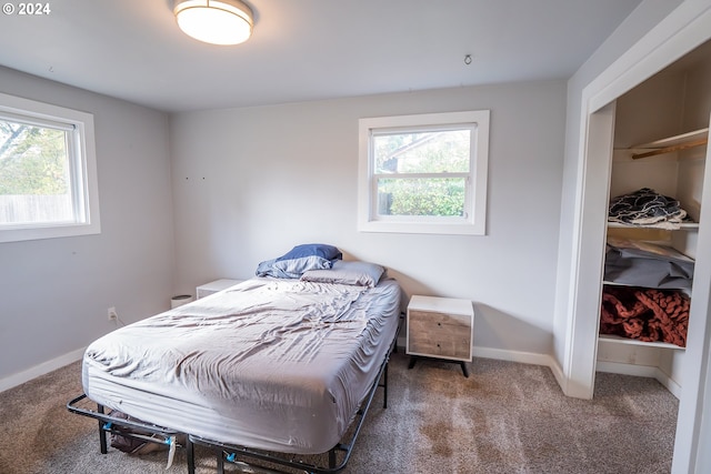 bedroom featuring dark colored carpet