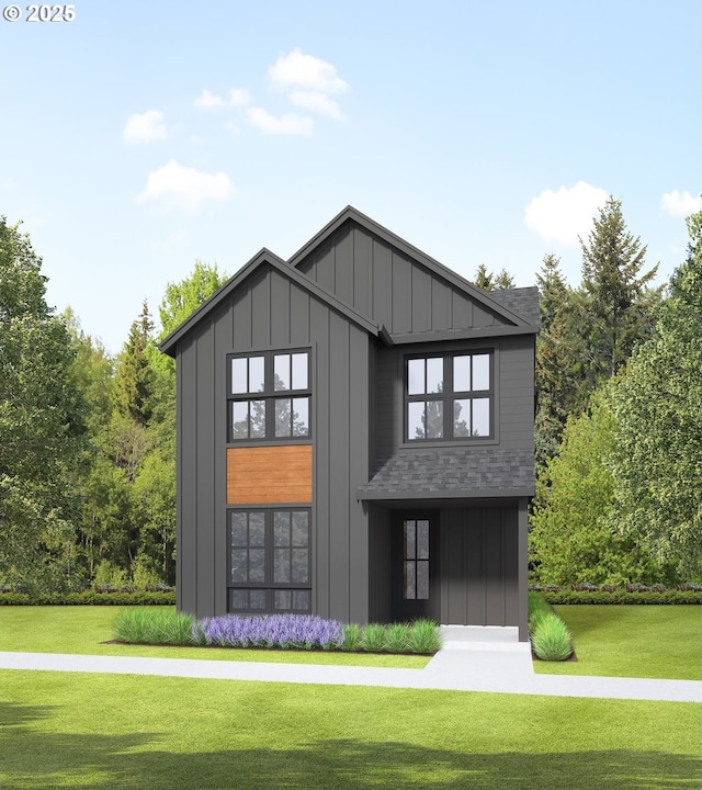 exterior space with board and batten siding, a front yard, and roof with shingles