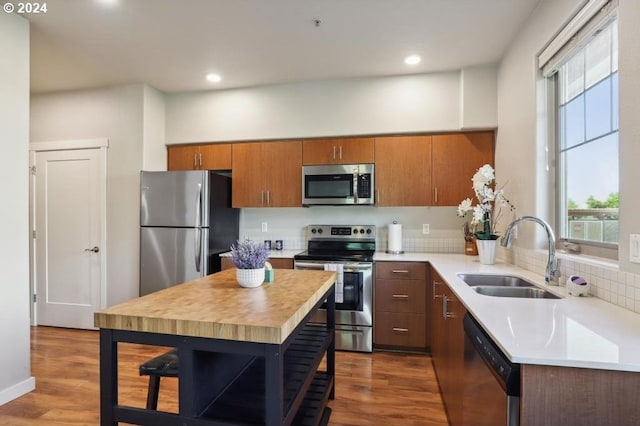 kitchen with appliances with stainless steel finishes, dark hardwood / wood-style floors, and sink