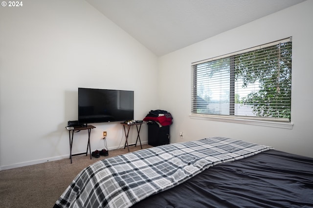 bedroom with carpet and lofted ceiling