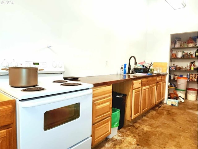bar with white electric stove and a sink
