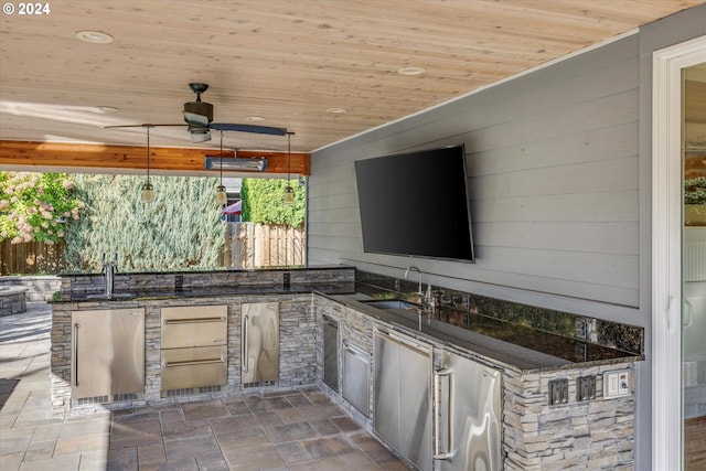 view of patio / terrace featuring ceiling fan, an outdoor kitchen, and sink