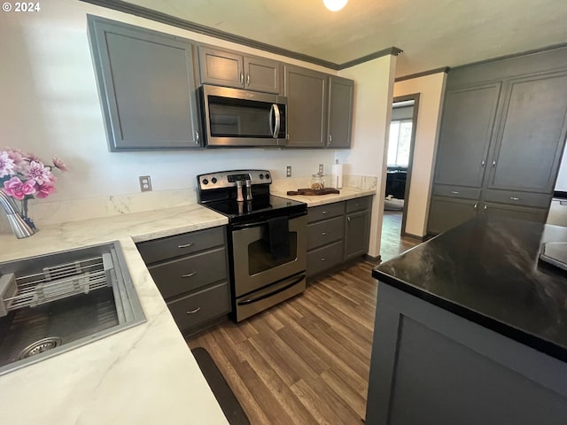 kitchen with dark wood-style flooring, light stone countertops, gray cabinets, stainless steel appliances, and a sink