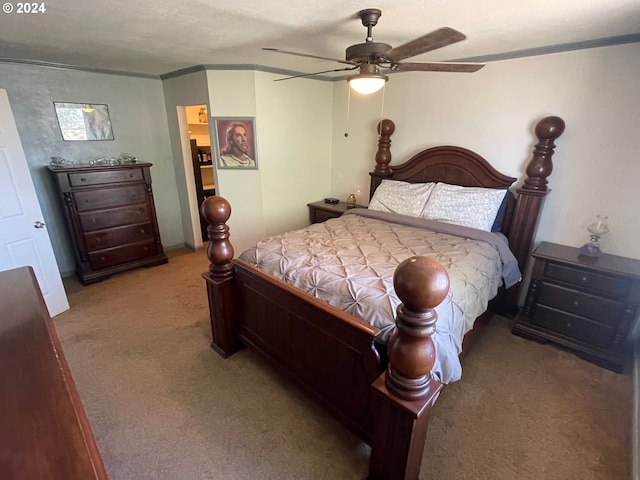 bedroom with light carpet and ceiling fan