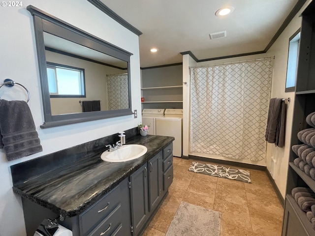 full bath with visible vents, washer and clothes dryer, ornamental molding, vanity, and recessed lighting