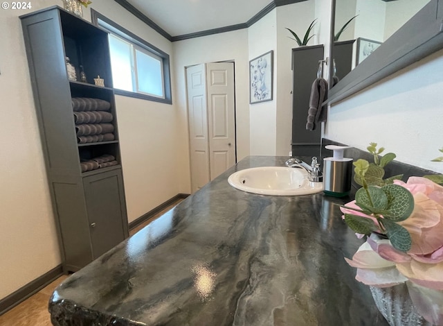 bathroom featuring crown molding, a closet, a sink, and baseboards