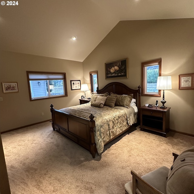 81890 S Fork Walla Walla Riv Rd, Milton-Freewater, OR 97862 - bedroom featuring light colored carpet, lofted ceiling, multiple windows, baseboards, and recessed lighting