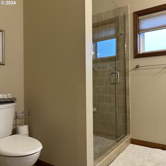 81890 S Fork Walla Walla Riv Rd, Milton-Freewater, OR 97862 - full bathroom featuring a stall shower, toilet, baseboards, and tile patterned flooring