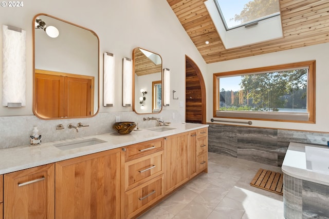 bathroom with vanity, wood ceiling, and vaulted ceiling with skylight