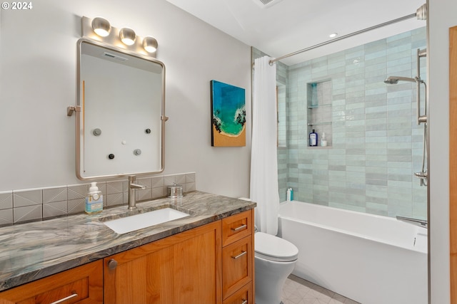 full bathroom with shower / bathtub combination with curtain, vanity, tasteful backsplash, and toilet