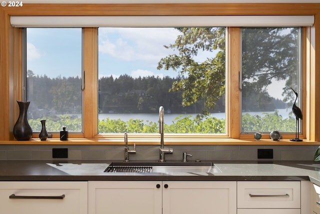 kitchen with white cabinetry, a water view, sink, and backsplash