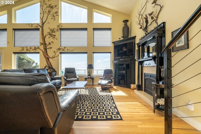 living room with wood-type flooring and high vaulted ceiling