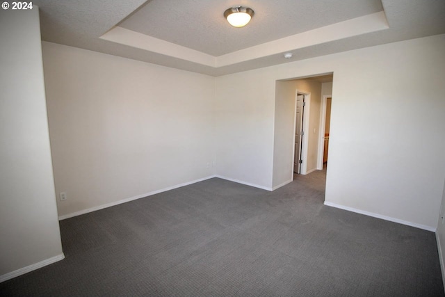 carpeted empty room featuring a tray ceiling