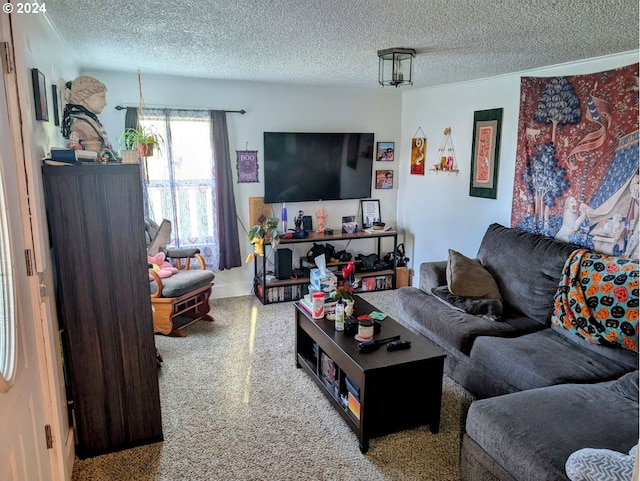 living room featuring carpet and a textured ceiling