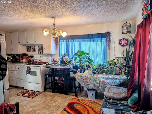 kitchen with electric stove, a textured ceiling, decorative light fixtures, white cabinetry, and a chandelier