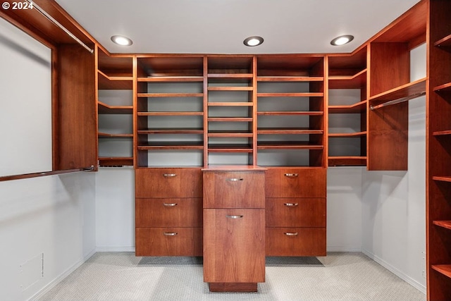 spacious closet featuring light colored carpet