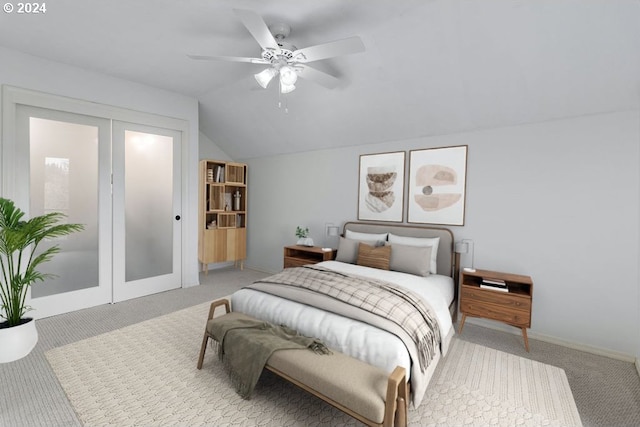 bedroom with french doors, ceiling fan, carpet, and vaulted ceiling