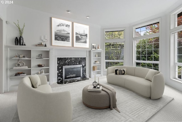 living room featuring a premium fireplace and carpet