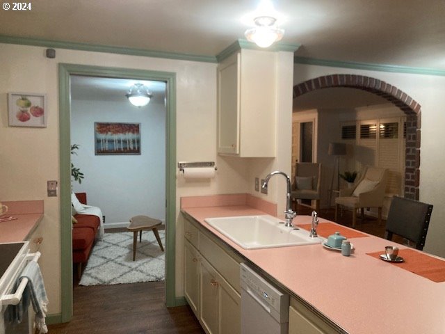 kitchen with stove, white cabinets, dark wood-type flooring, sink, and dishwasher