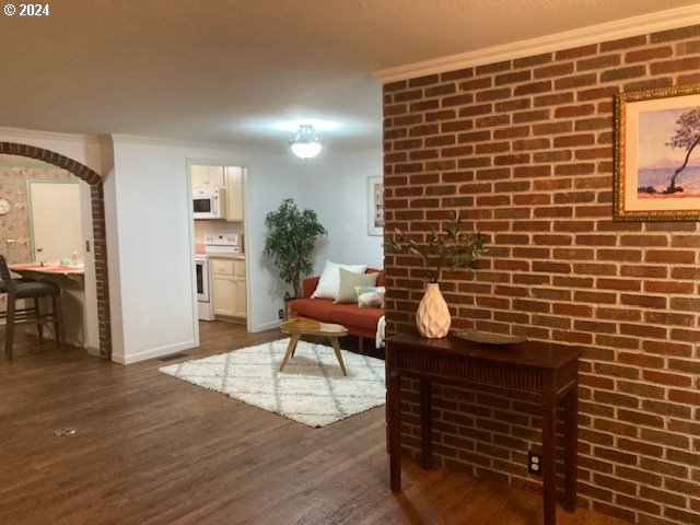 living room featuring ornamental molding and dark wood-type flooring