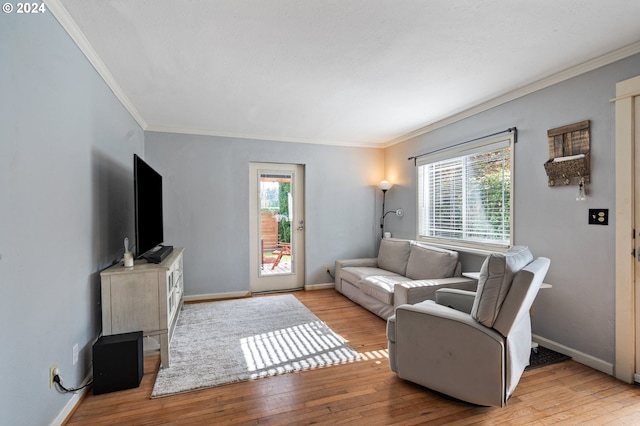 living room featuring light hardwood / wood-style floors and ornamental molding