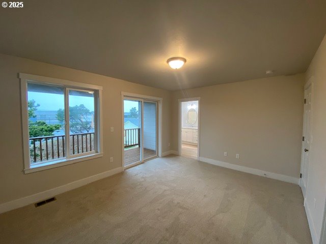 spare room featuring visible vents, light carpet, and baseboards