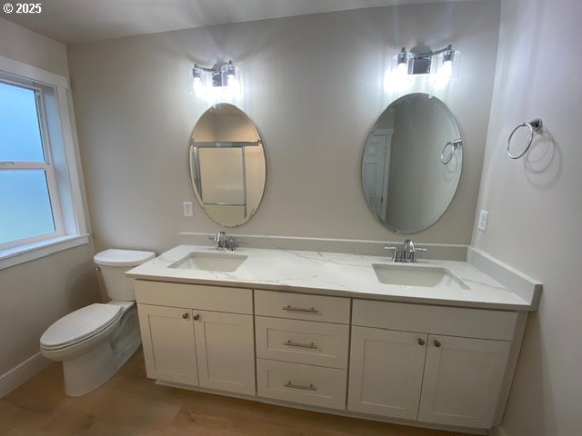 bathroom featuring wood finished floors, a sink, toilet, and double vanity