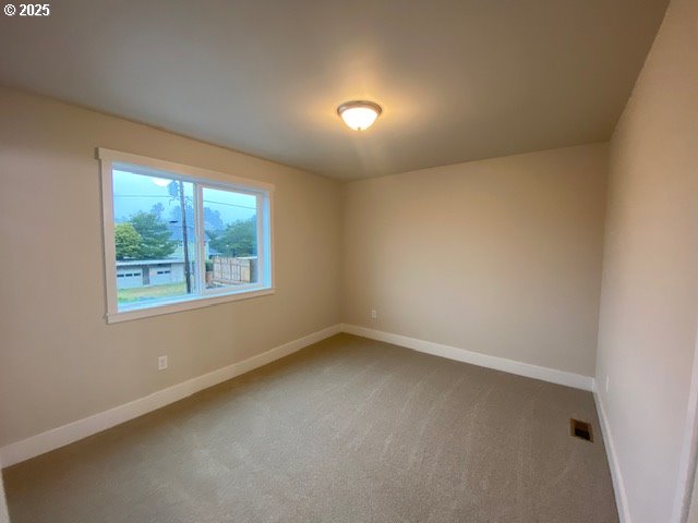 spare room featuring carpet, visible vents, and baseboards