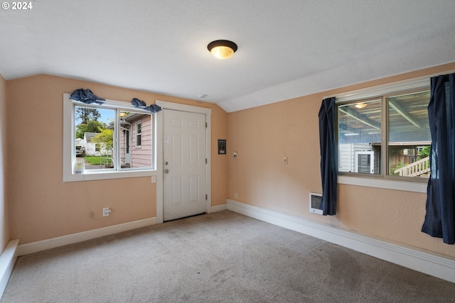 carpeted empty room with lofted ceiling, a textured ceiling, a wealth of natural light, and heating unit