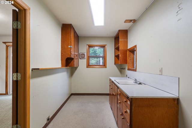 laundry area featuring light carpet and sink