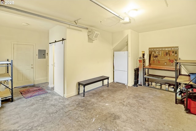 garage with electric panel, white fridge, and a garage door opener