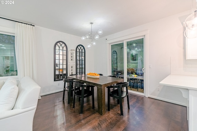 dining room with dark wood-type flooring and a notable chandelier